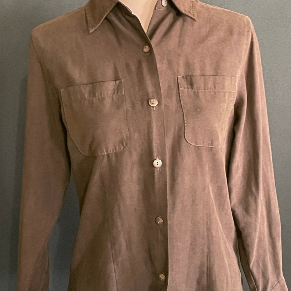 Petite Sophisticate Button Up Shirt Womens P Brown Good Faux Suede Pockets - Picture 2 of 7